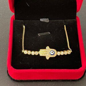 Hamsa Hand Rhinestone Gold Color Slider Bracelet with Box NEW
